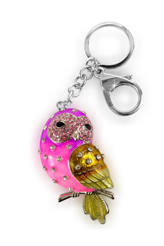 Keychain with a colorful owl design on a white background